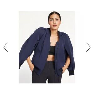 NWOT GSTQ Navy & Black Baseball Bomber Jacket Cape - coolest sleeve detail - L